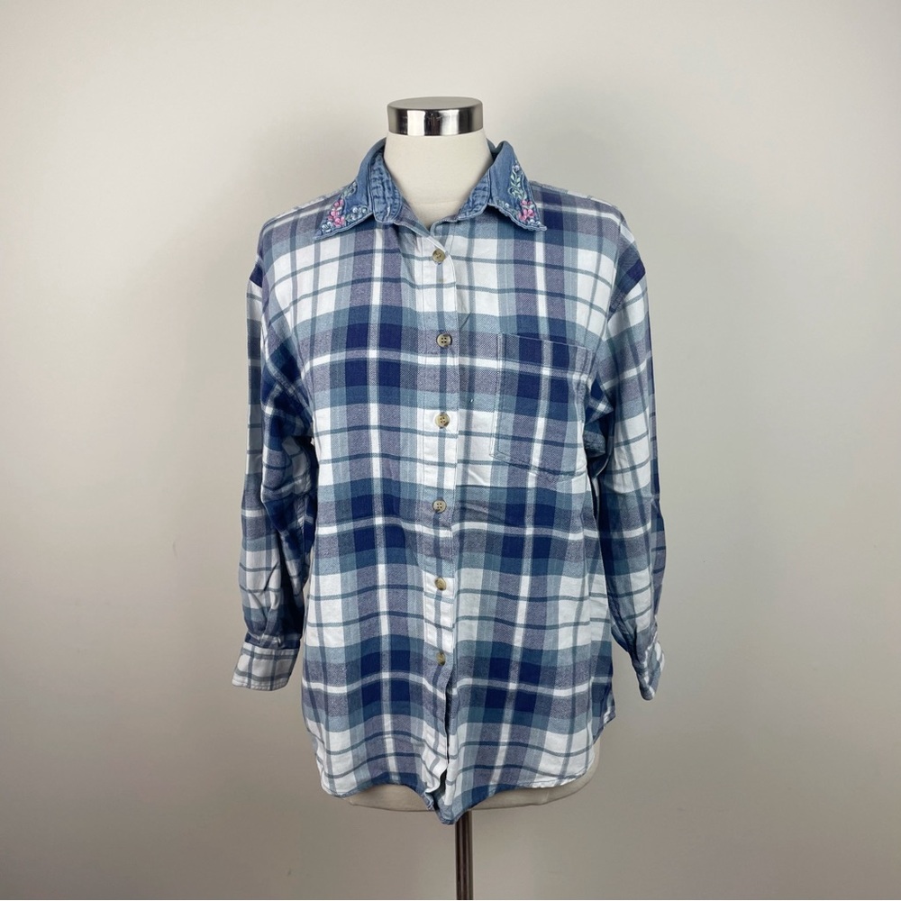 Lemon Grass Vintage Blue White Plaid Collared Pink Floral Button Down Shirt Top